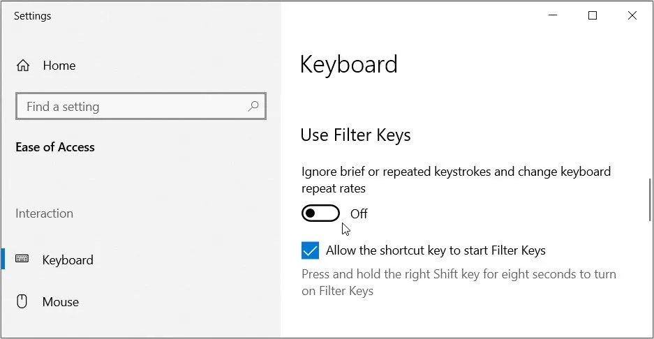 Tắt tùy chọn &quot;Sử dụng Phím Lọc&quot; (Filter Keys) trong cài đặt bàn phím của Windows để khắc phục độ trễ.