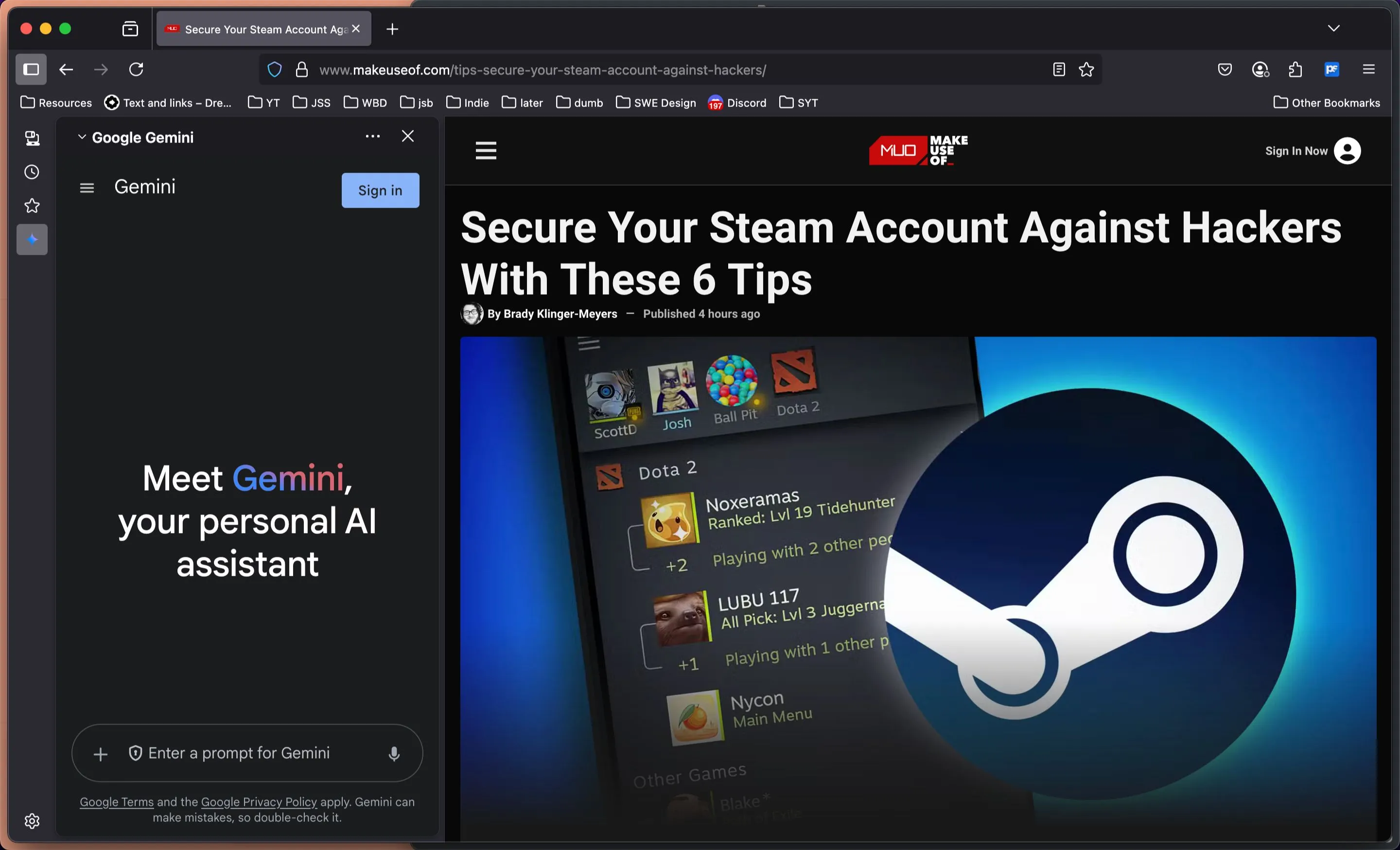 Thanh bên AI của trình duyệt Firefox hiển thị tùy chọn chatbot Google Gemini khi đọc bài báo
