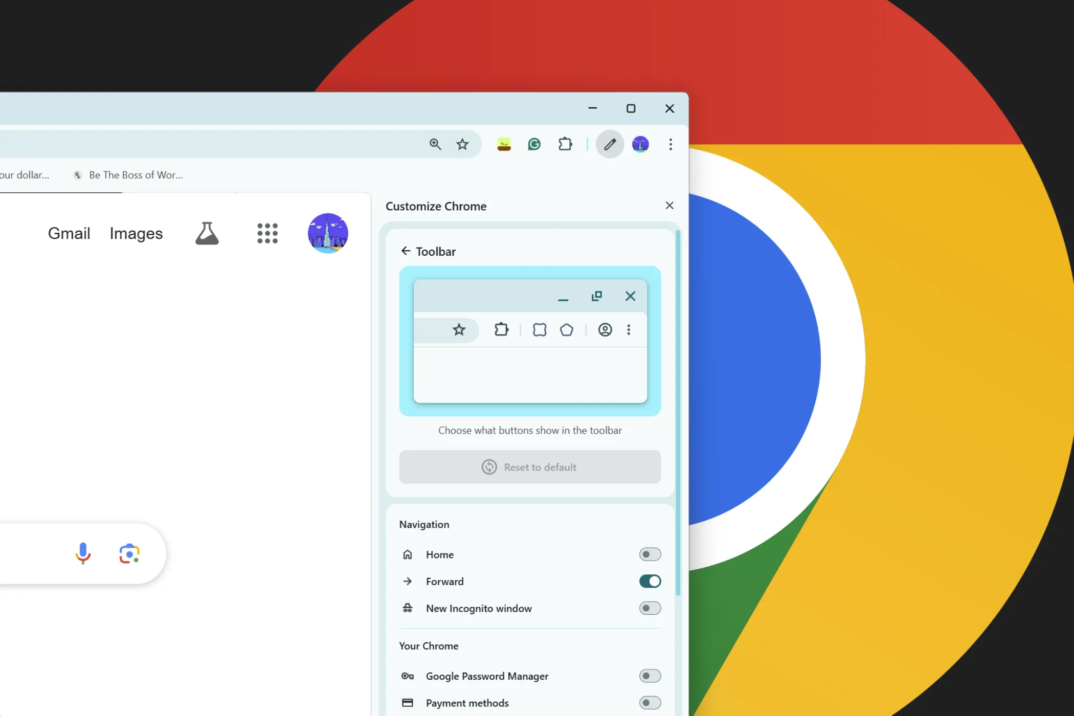 Thanh bên tùy chỉnh giao diện Google Chrome với logo Chrome, minh họa cách thay đổi theme để tối ưu hóa trực quan.