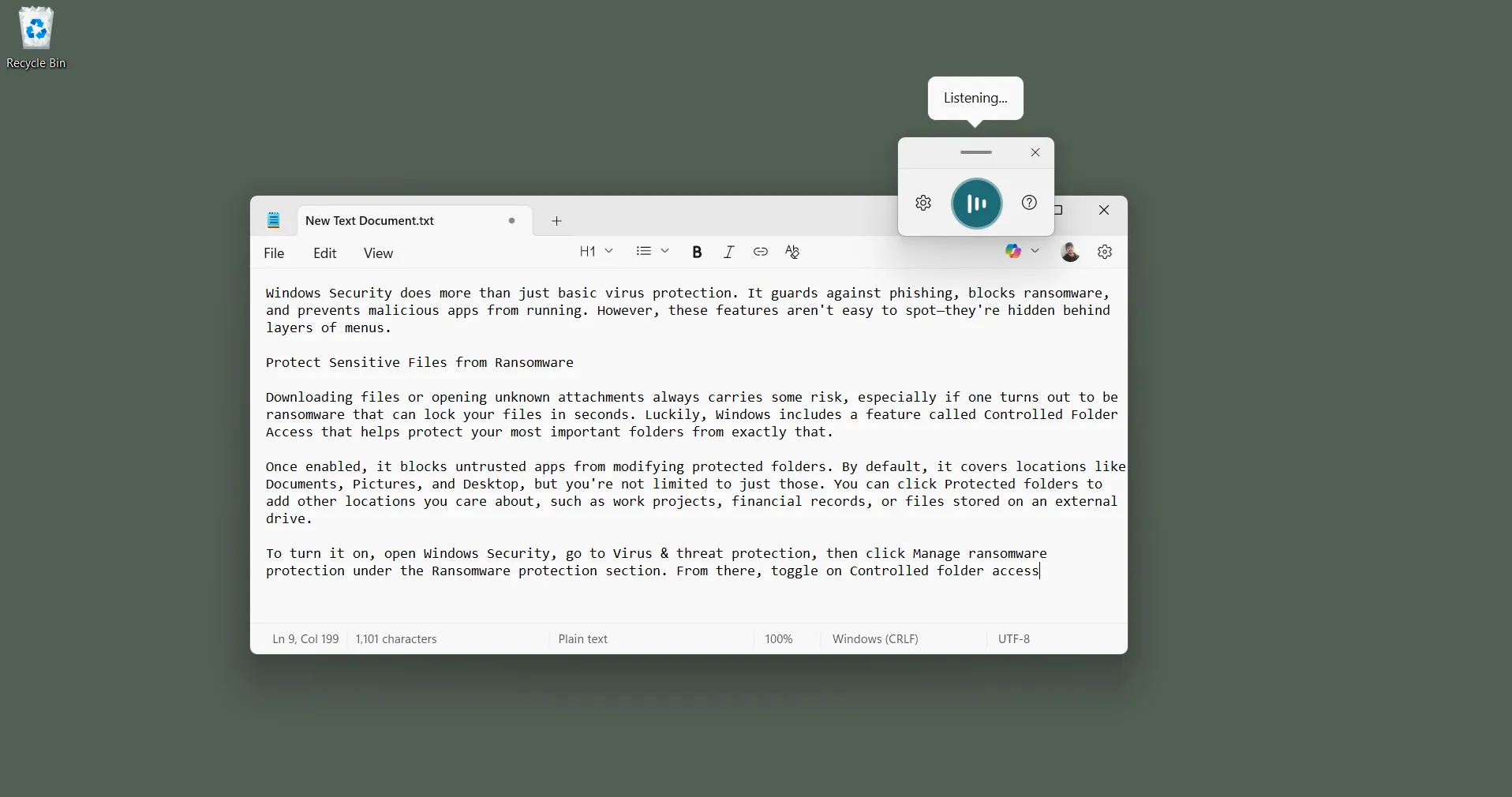 Thanh công cụ Gõ giọng nói (Voice Typing) xuất hiện khi bạn soạn thảo tài liệu trên Windows