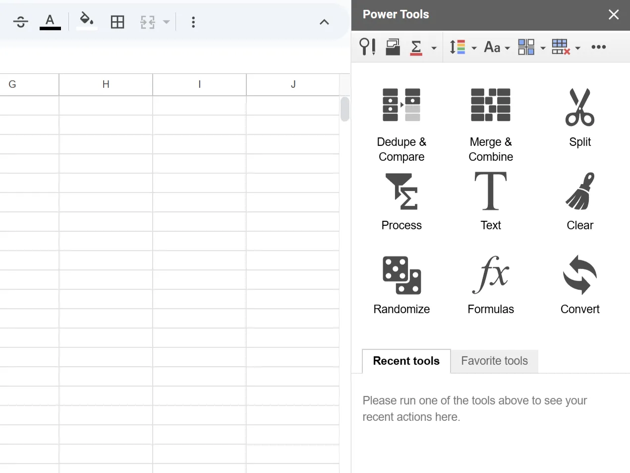 Thanh công cụ Power Tools hiển thị trong Google Sheets với các tùy chọn quản lý dữ liệu