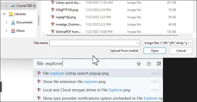 Thanh công cụ thông minh Listary tích hợp trong hộp thoại Save As/Open của Windows, hiển thị các thư mục yêu thích và gần đây.