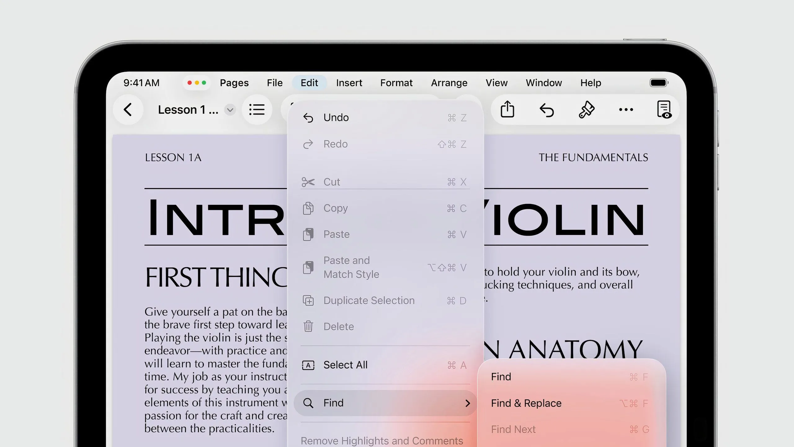 Thanh Menu Bar mới trên iPadOS 26 hiển thị các tùy chọn chỉnh sửa, chèn và định dạng trong ứng dụng