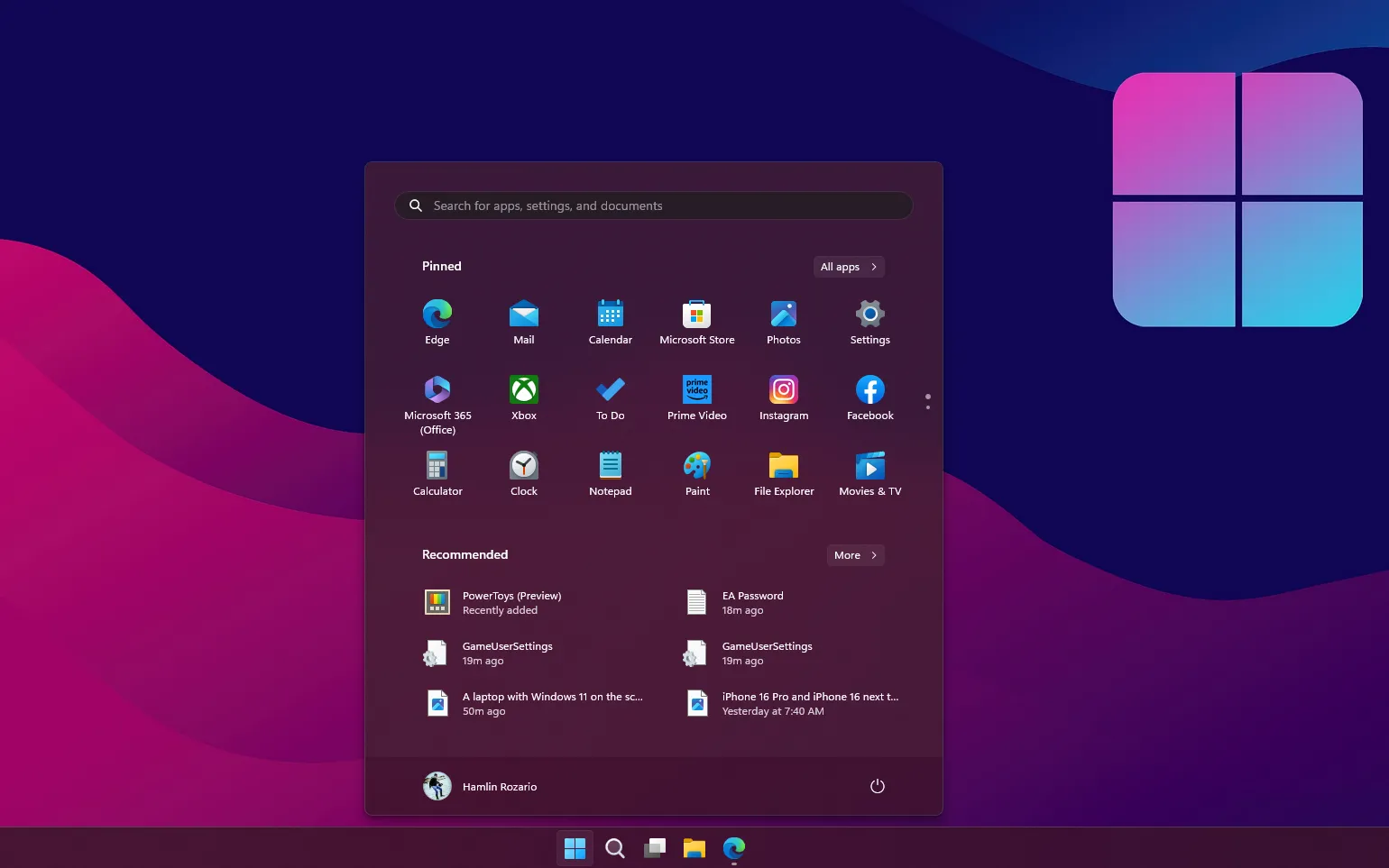 Thanh Start menu và các biểu tượng ứng dụng trên Windows 11 với giao diện hiện đại