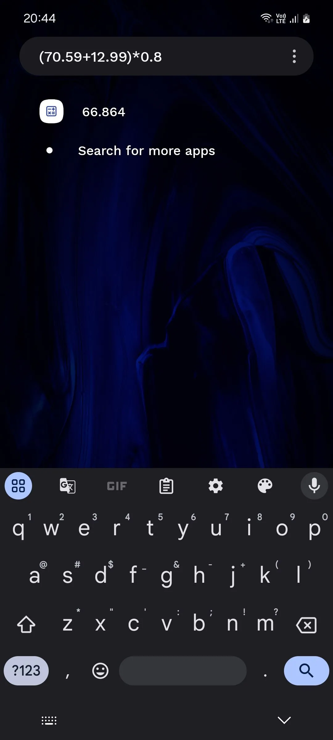 Thanh tìm kiếm của Niagara Launcher hiển thị tính năng máy tính tích hợp
