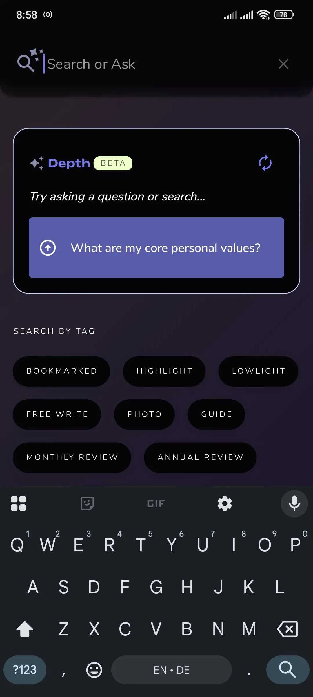 Thanh tìm kiếm Depth AI trong Reflection.app, cho phép người dùng đặt câu hỏi để phân tích sâu sắc các mục nhật ký.