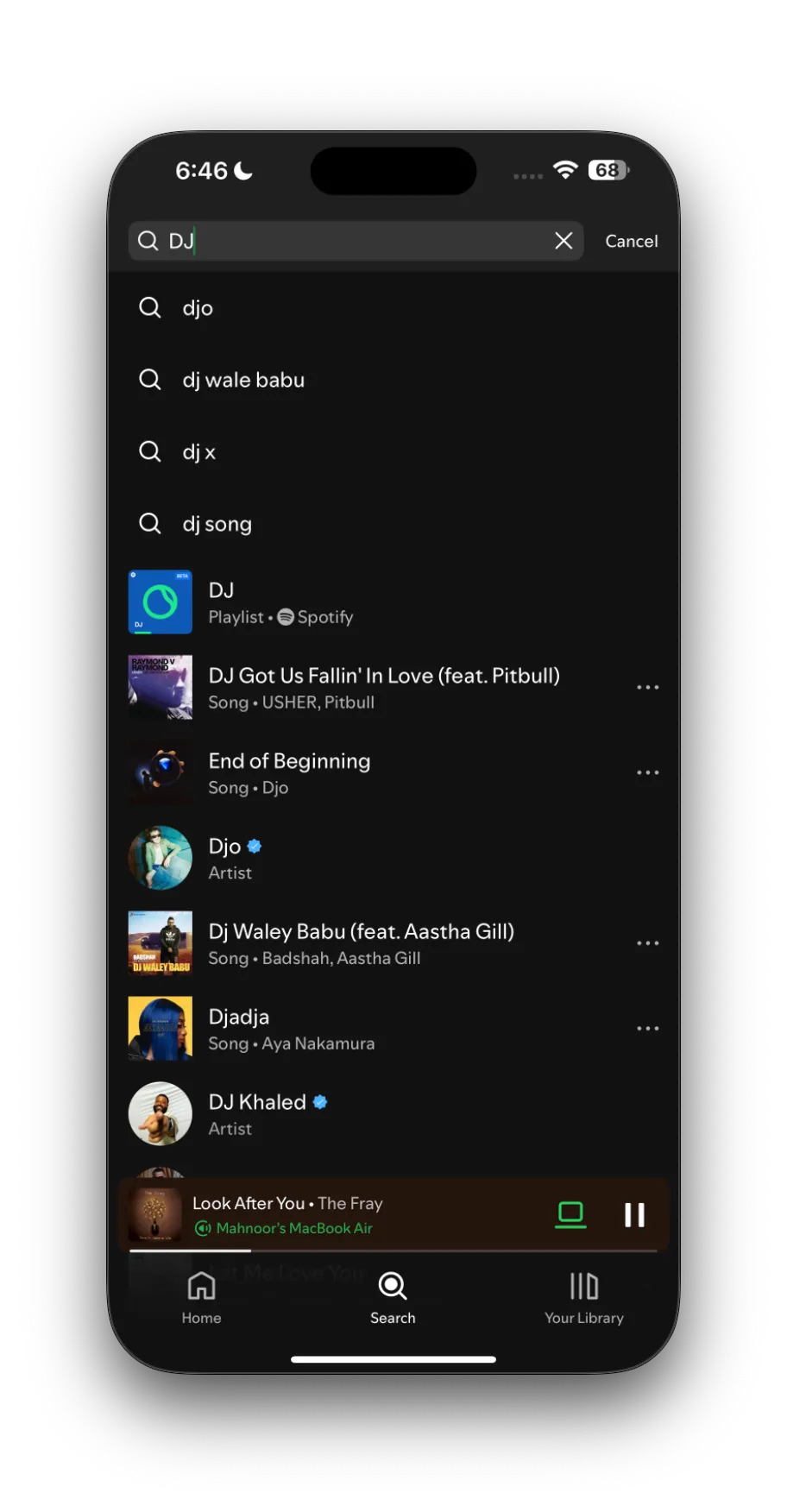 Thanh tìm kiếm trong ứng dụng Spotify hiển thị kết quả 'DJ' và tùy chọn để truy cập tính năng AI DJ