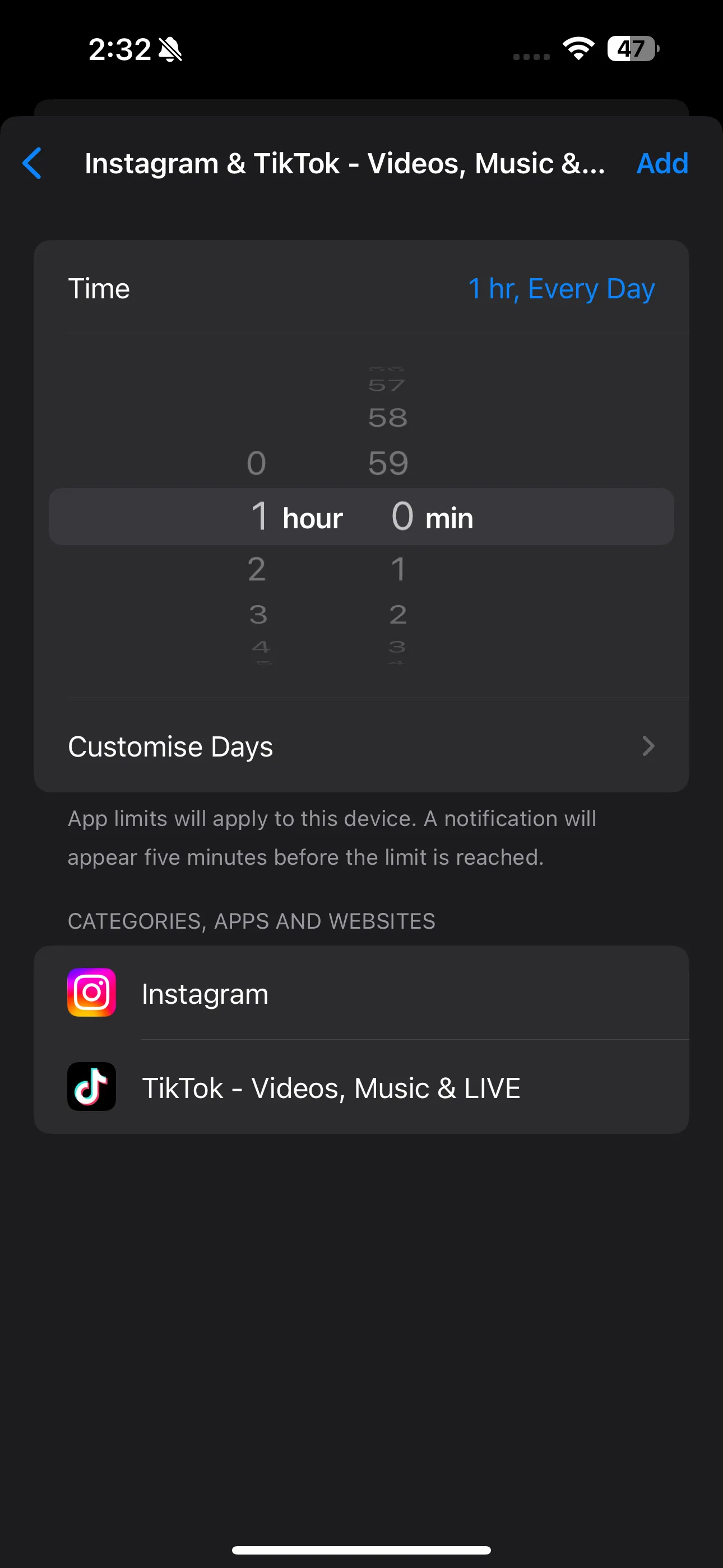 Thanh trượt đặt thời gian giới hạn và tùy chọn &quot;Tùy chỉnh ngày&quot; cho ứng dụng trên iPhone