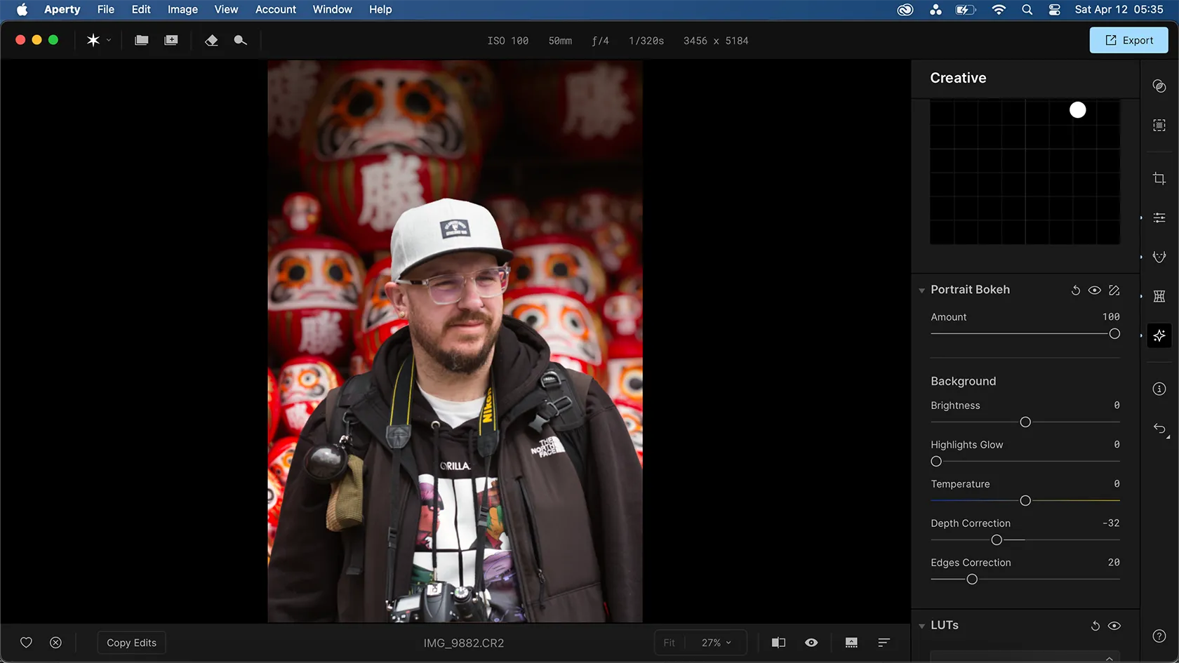 Thanh trượt điều chỉnh hiệu ứng Bokeh (làm mờ hậu cảnh) trong Aperty, tạo độ sâu và nổi bật cho chủ thể chân dung