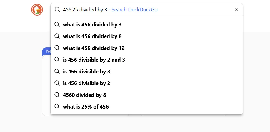 Thao tác chia số trên thanh tìm kiếm DuckDuckGo không hiển thị kết quả trực tiếp như Google