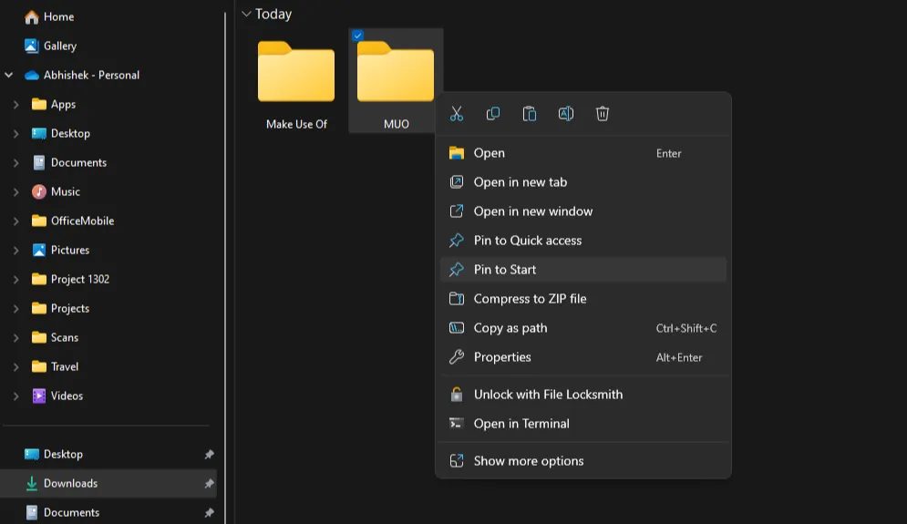 Thao tác ghim một thư mục tùy chỉnh vào Start Menu Windows 11 từ File Explorer