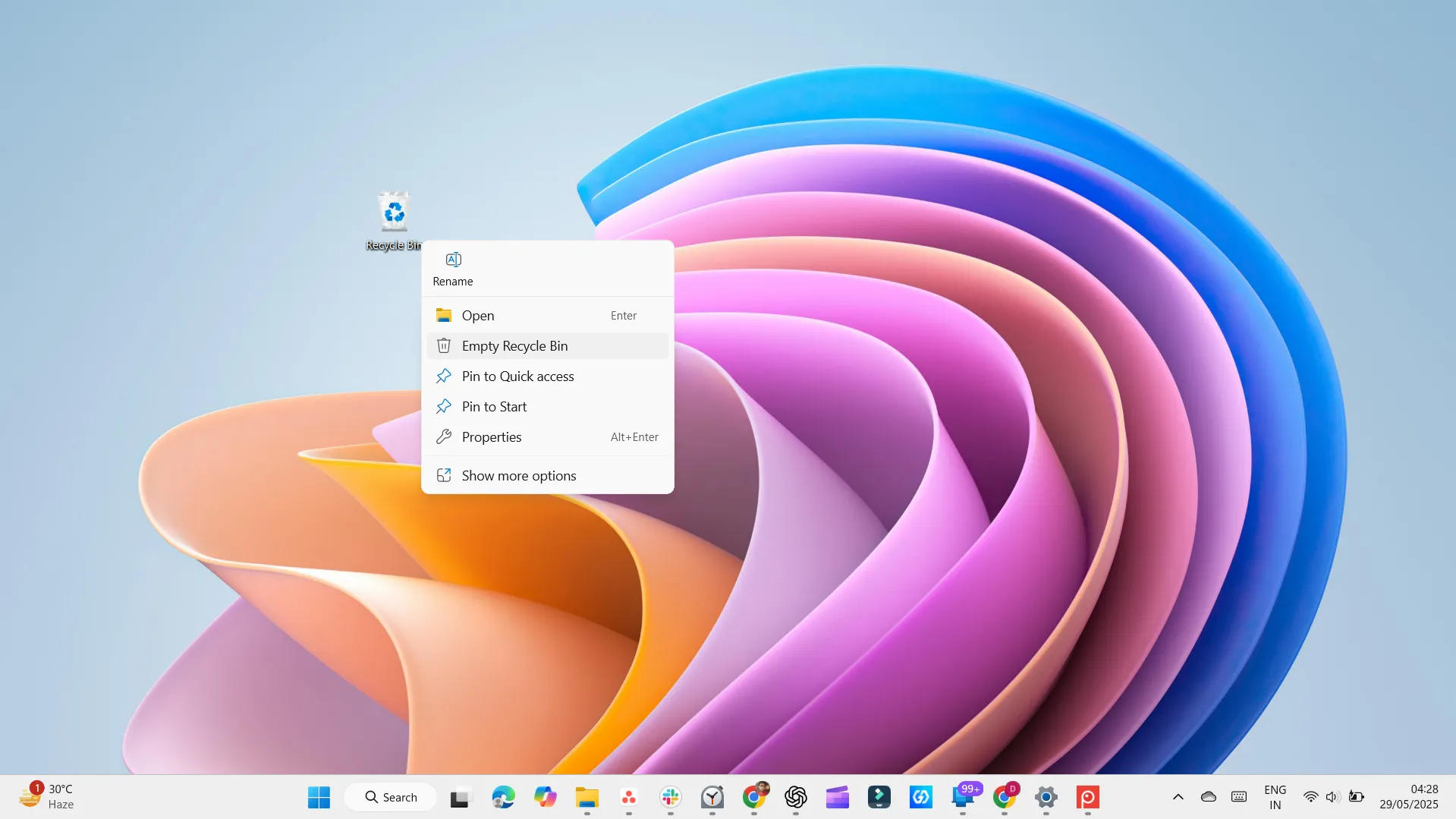 Thao tác làm trống Thùng Rác trên Windows 11 thông qua menu chuột phải.