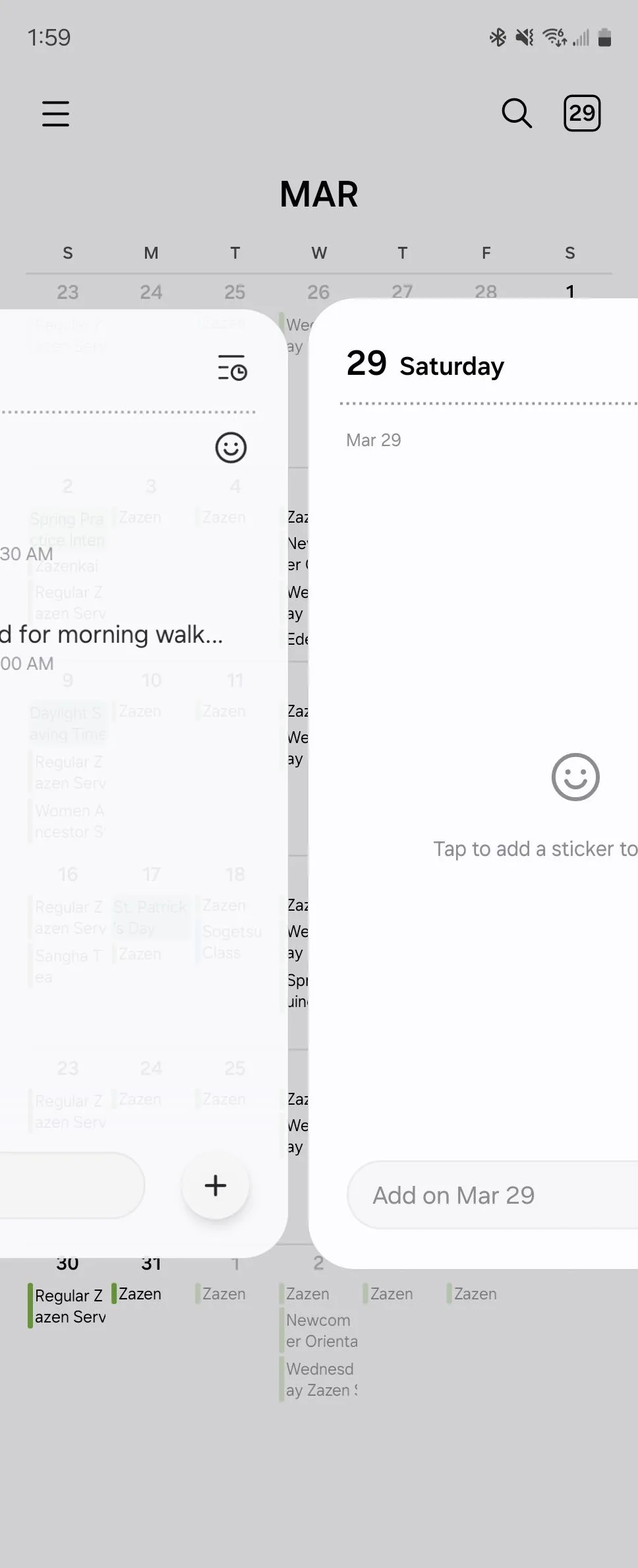 Thao tác vuốt ngang để chuyển đổi giữa các sự kiện trong ứng dụng Lịch Samsung.