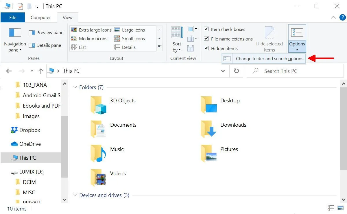 Thay đổi tùy chọn thư mục và tìm kiếm trong File Explorer Windows 10.