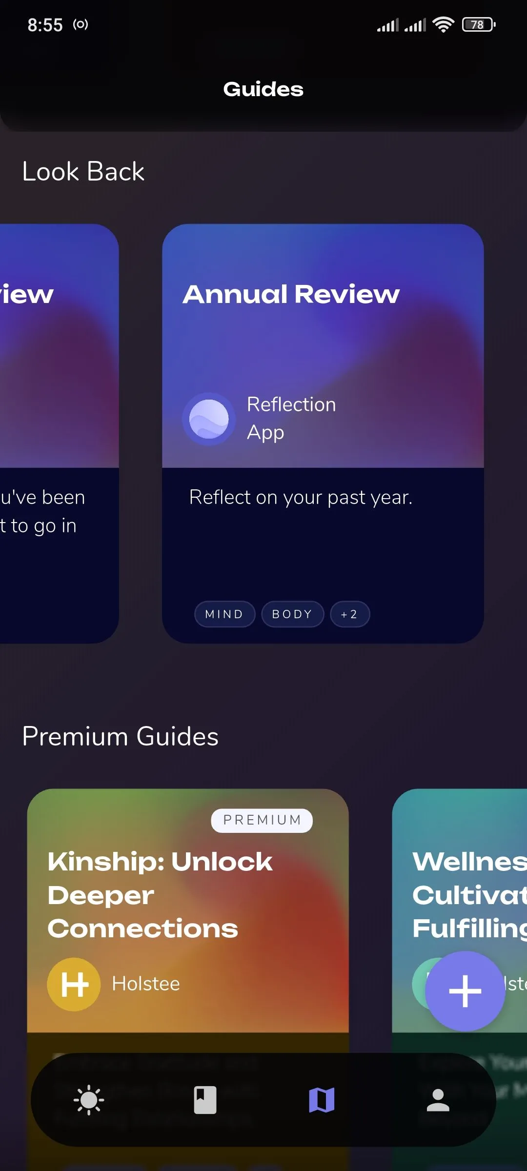 Thẻ &quot;Annual Review&quot; trong mục hướng dẫn của Reflection.app, giúp người dùng nhìn lại và đặt mục tiêu cho năm mới.