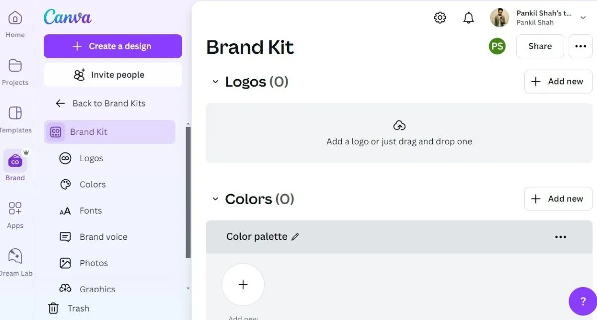 Thẻ Brand Kit trong ứng dụng Canva cho phép quản lý logo, font chữ và màu sắc thương hiệu.