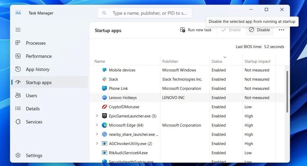 Thẻ Ứng dụng khởi động trong Trình quản lý tác vụ của Windows 11 hiển thị danh sách các ứng dụng