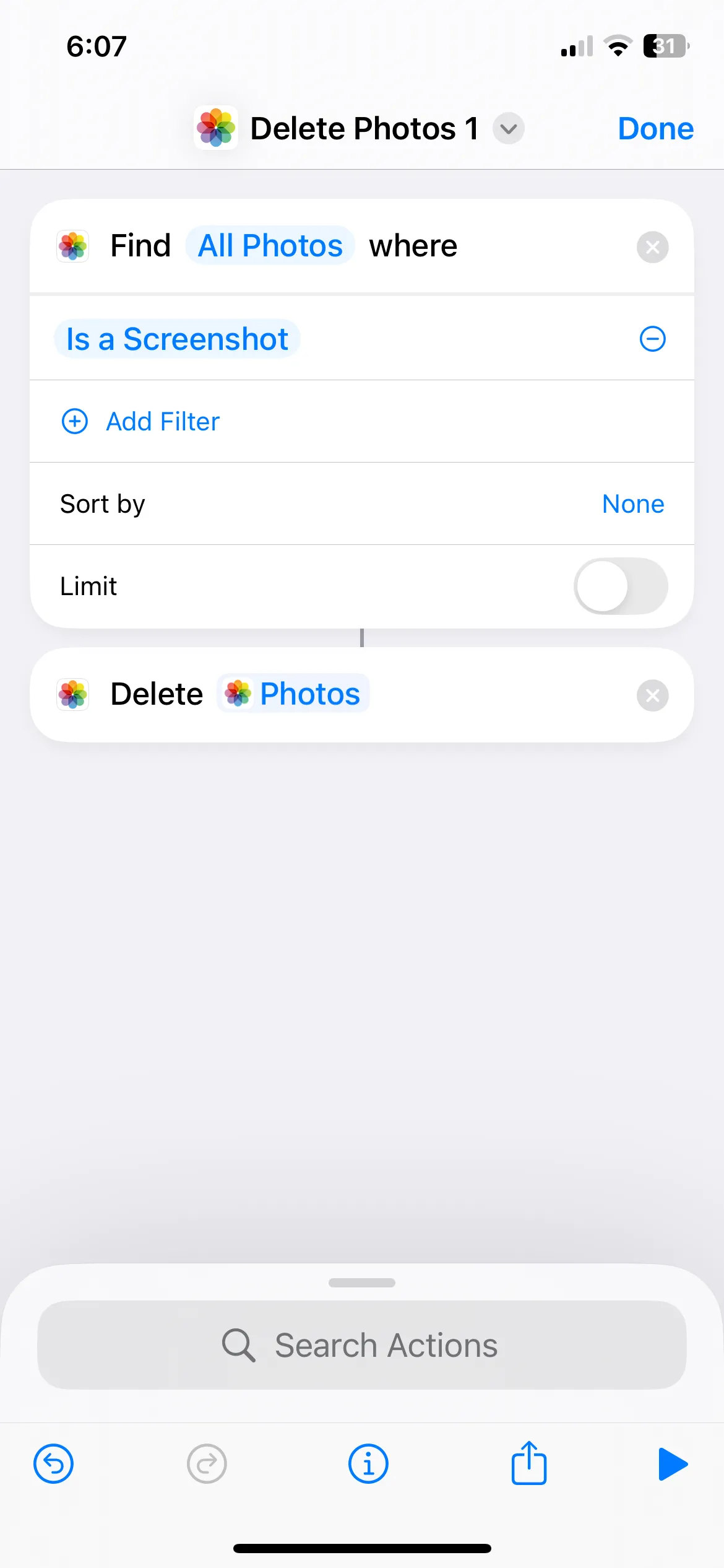 Thêm hành động &quot;Xóa ảnh&quot; và đặt tên cho Phím tắt &quot;Xóa Ảnh Chụp Màn Hình&quot; trên iPhone