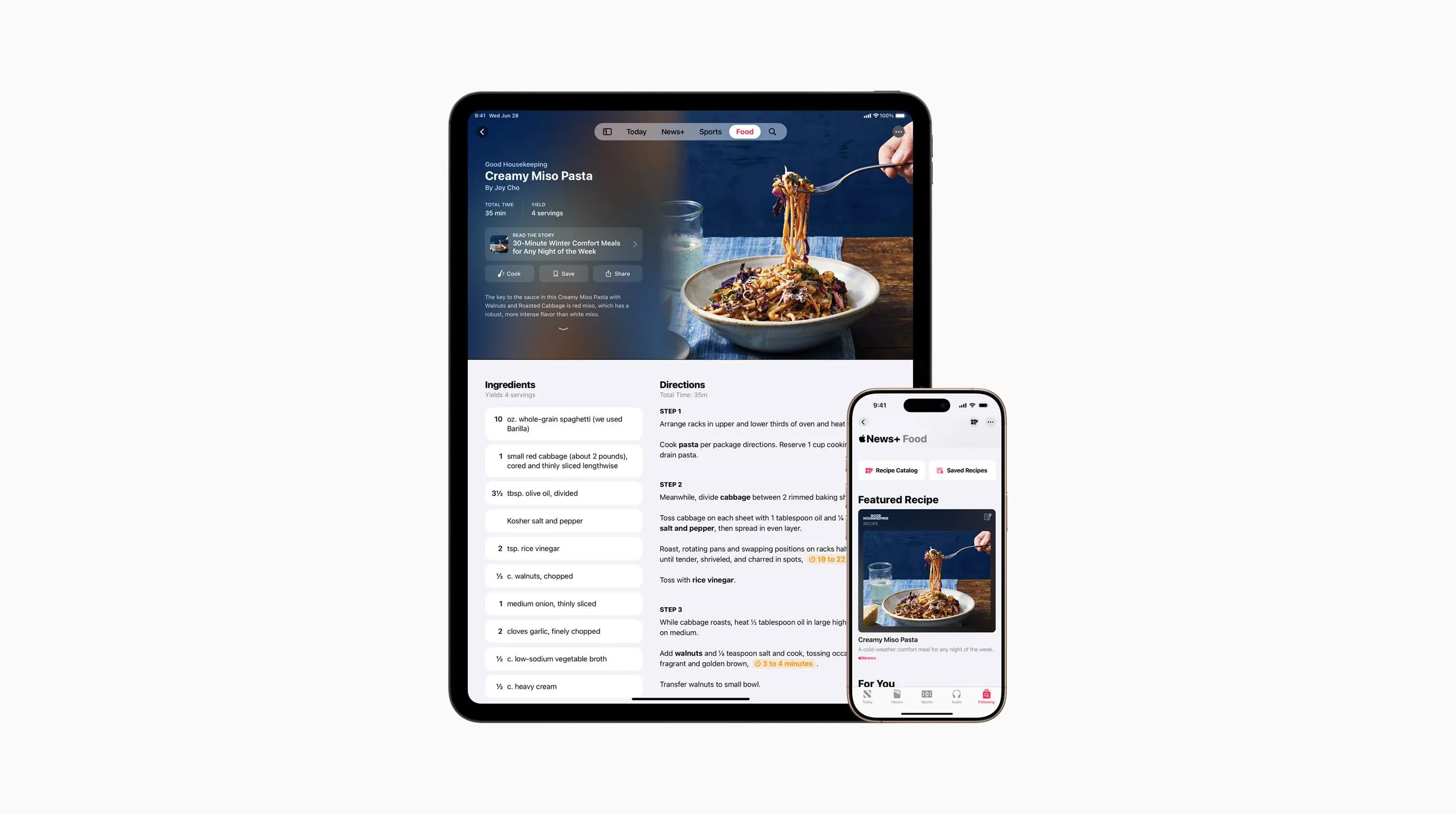 Thiết bị Apple hiển thị giao diện dịch vụ Apple News+ Food mới với hàng ngàn công thức nấu ăn
