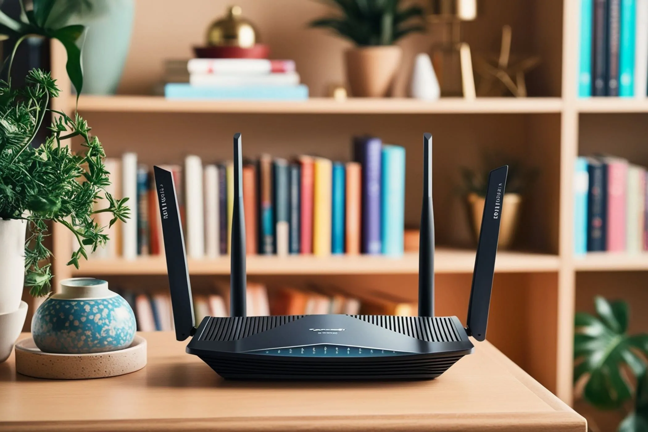 Thiết bị router Wi-Fi hiện đại với bốn ăng-ten, lý tưởng để cài đặt VPN bảo vệ toàn bộ mạng gia đình