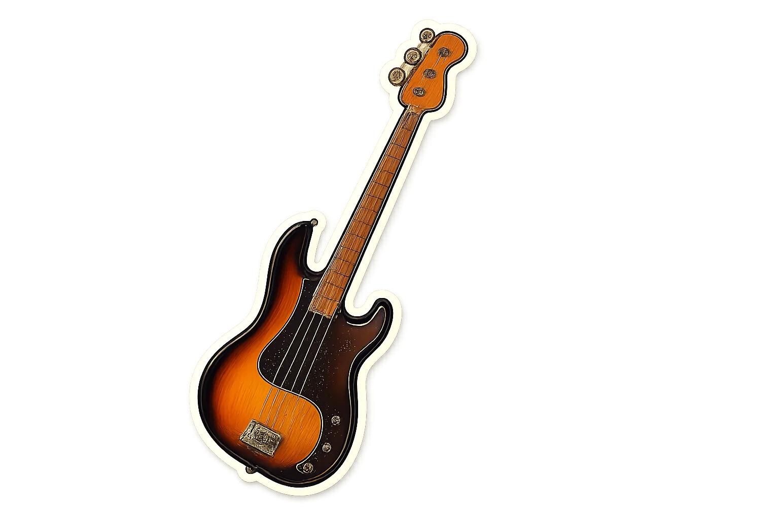 Thiết kế sticker die-cut nổi bật hình cây đàn bass điện màu vàng rực rỡ, được tạo ra bằng AI để trang trí độc đáo.
