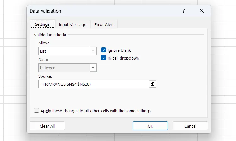 Thiết lập Data Validation để tạo danh sách thả xuống sạch bằng cách sử dụng hàm TRIMRANGE trong trường Source.
