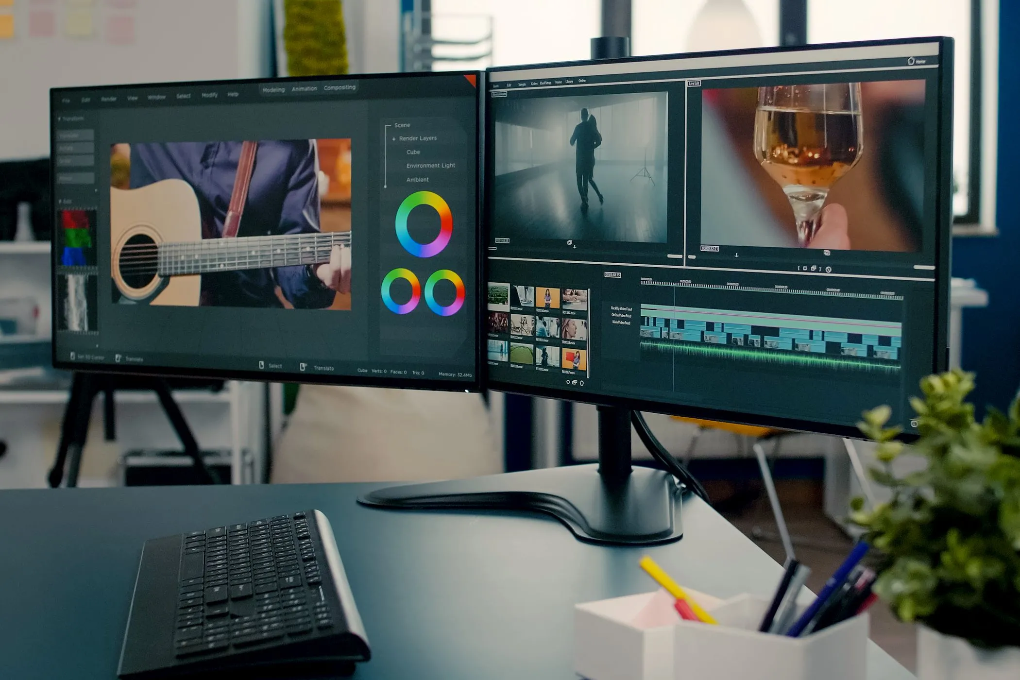 Thiết lập hai màn hình đang chạy phần mềm chỉnh sửa video, tận dụng kết nối USB-C daisy chain