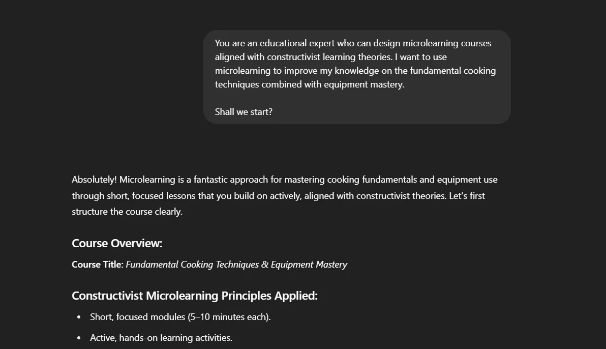 Thiết lập khóa học microlearning về hóa học thực phẩm với cấu trúc chi tiết từ ChatGPT