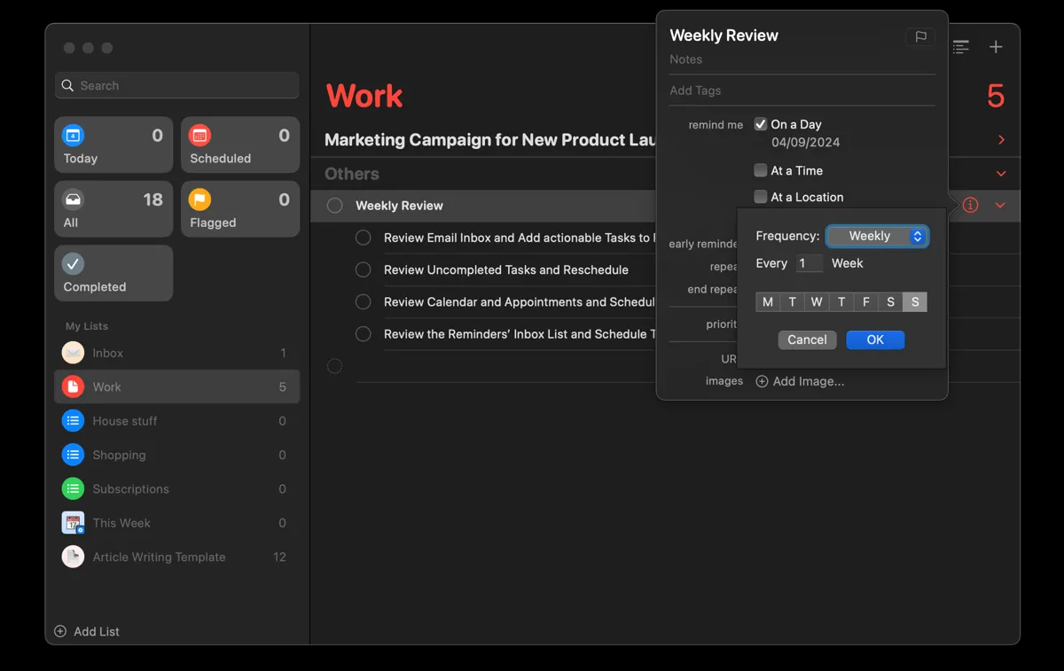 Thiết lập nhắc nhở Đánh giá hàng tuần trong ứng dụng Reminders của Apple