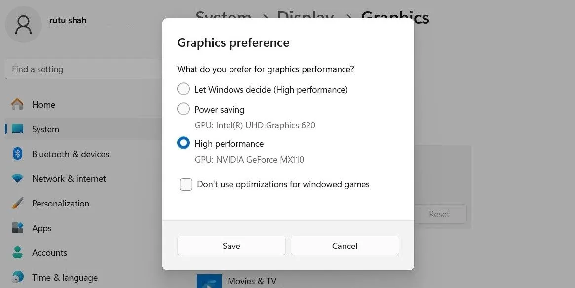 Thiết lập ưu tiên sử dụng GPU rời cho ứng dụng trong cài đặt đồ họa của Windows 11