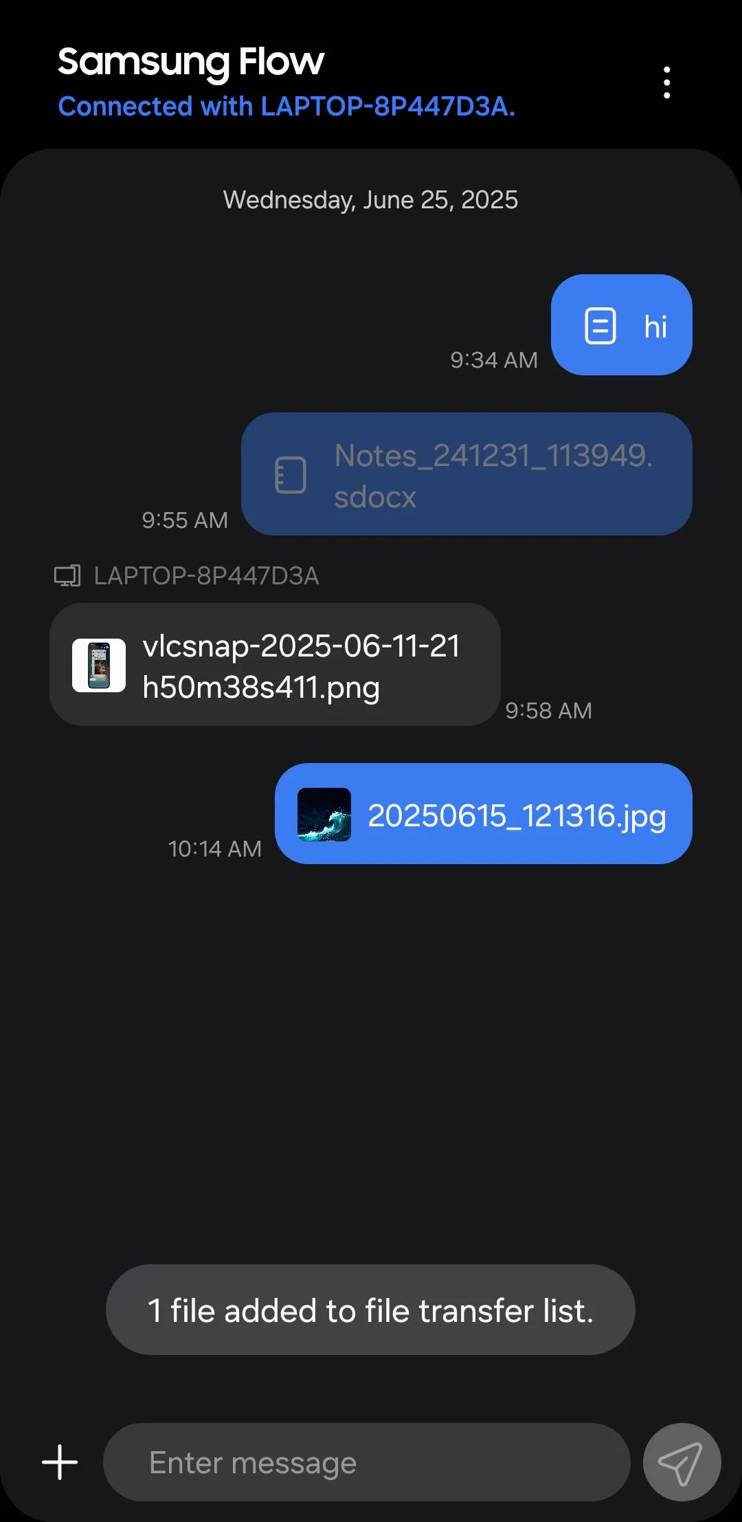 Thông báo đã gửi file thành công qua Samsung Flow trên điện thoại