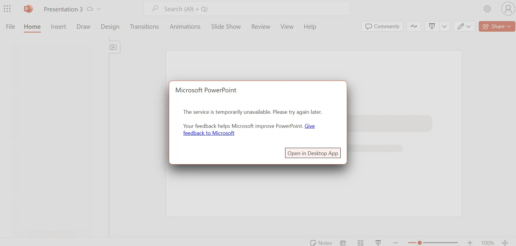 Thông báo lỗi hiển thị trên PowerPoint Online khi người dùng cố gắng mở một mẫu thuyết trình từ thư viện trực tuyến.