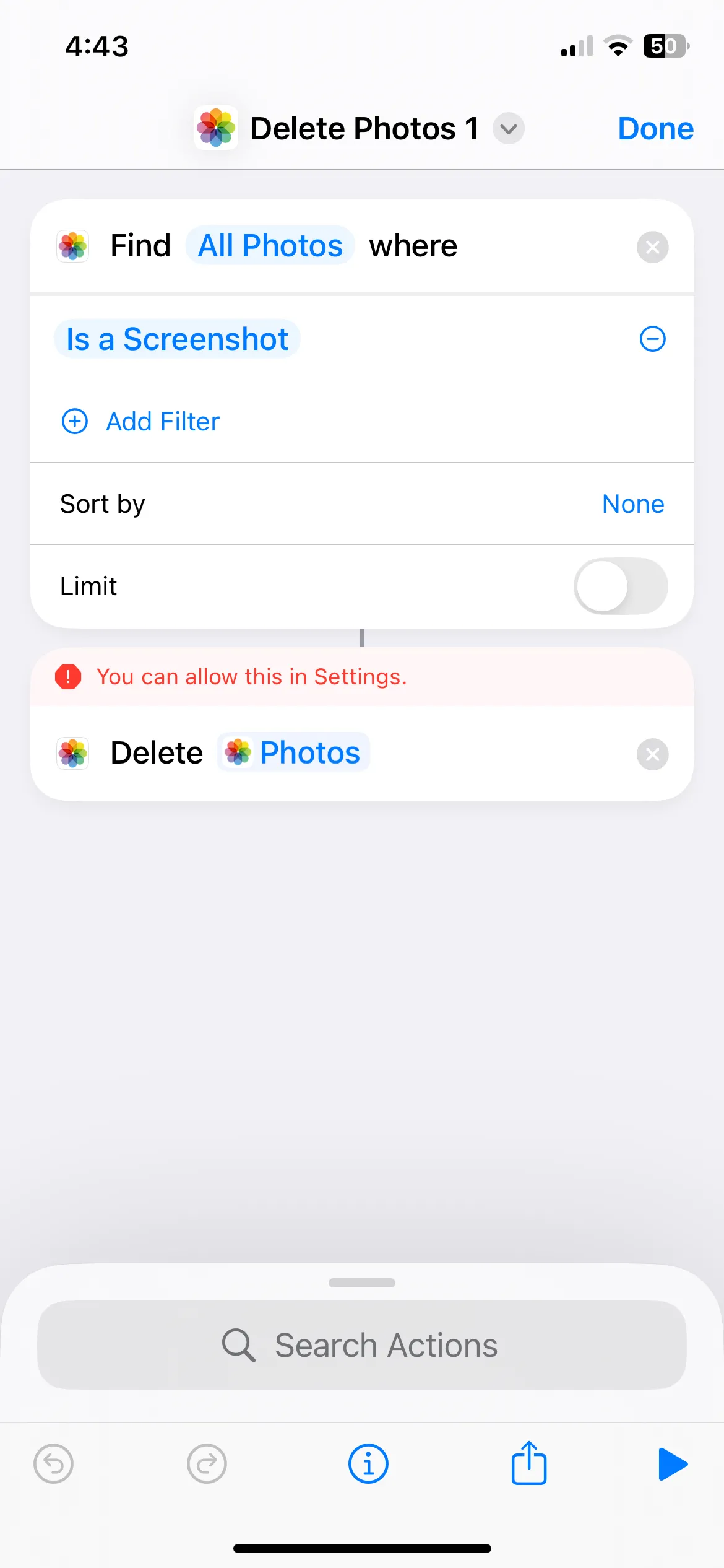 Thông báo lỗi khi Phím tắt không có quyền xóa lượng lớn ảnh chụp màn hình trên iPhone