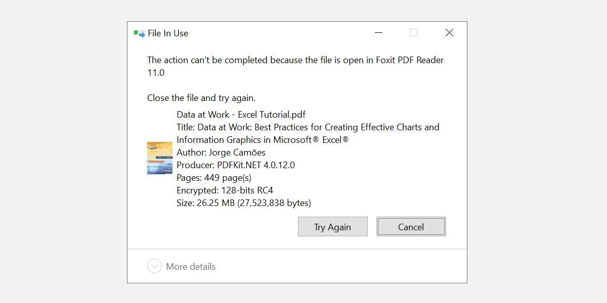 Thông báo lỗi "Tệp đang được sử dụng" khi cố gắng xóa tệp PDF trên Windows 10.
