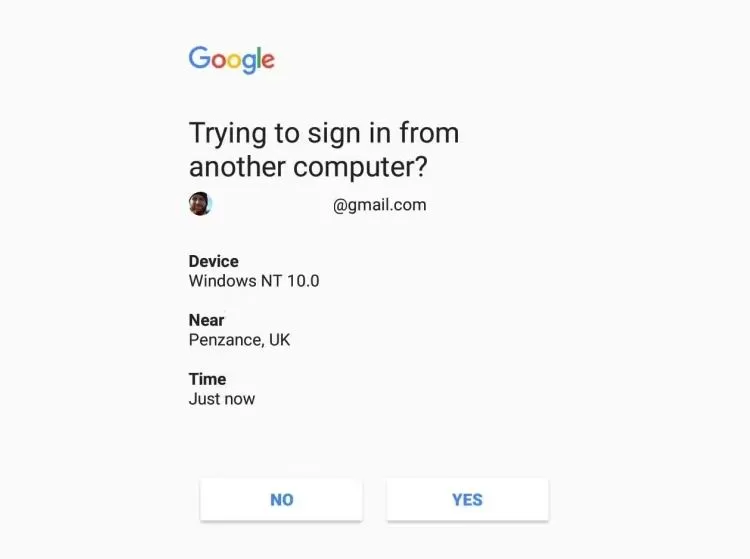Thông báo nhắc nhở xác thực hai yếu tố (2FA) của Google trên thiết bị thứ hai