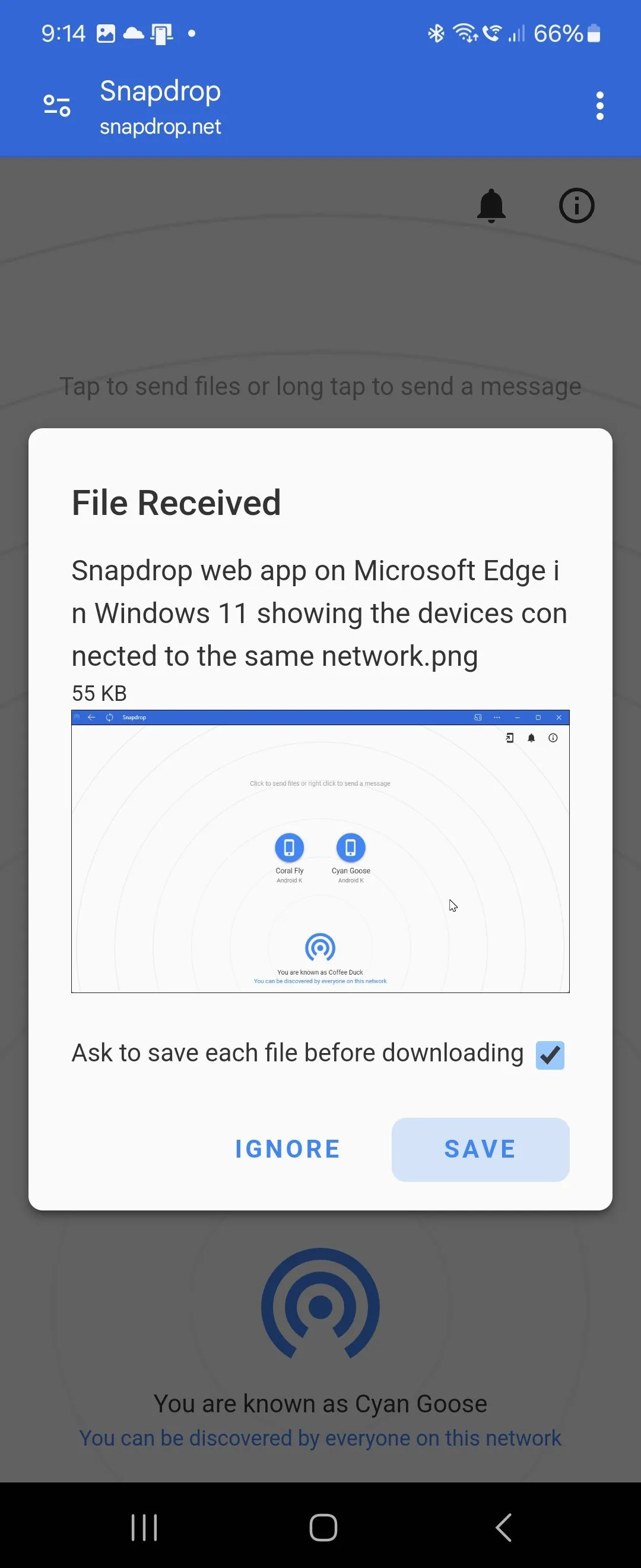Thông báo &quot;Tệp đã nhận&quot; của ứng dụng web Snapdrop hiển thị trên điện thoại Android, minh họa quá trình nhận tệp nhanh chóng từ PC Windows qua Snapdrop.