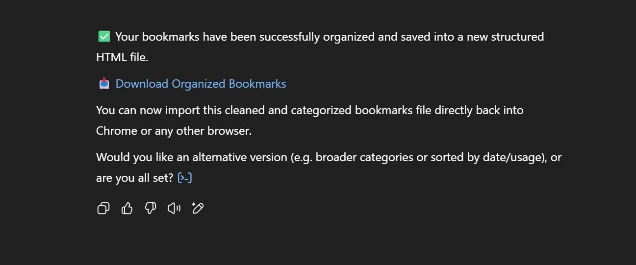 Thông báo và liên kết tải về tệp bookmark HTML đã được ChatGPT sắp xếp