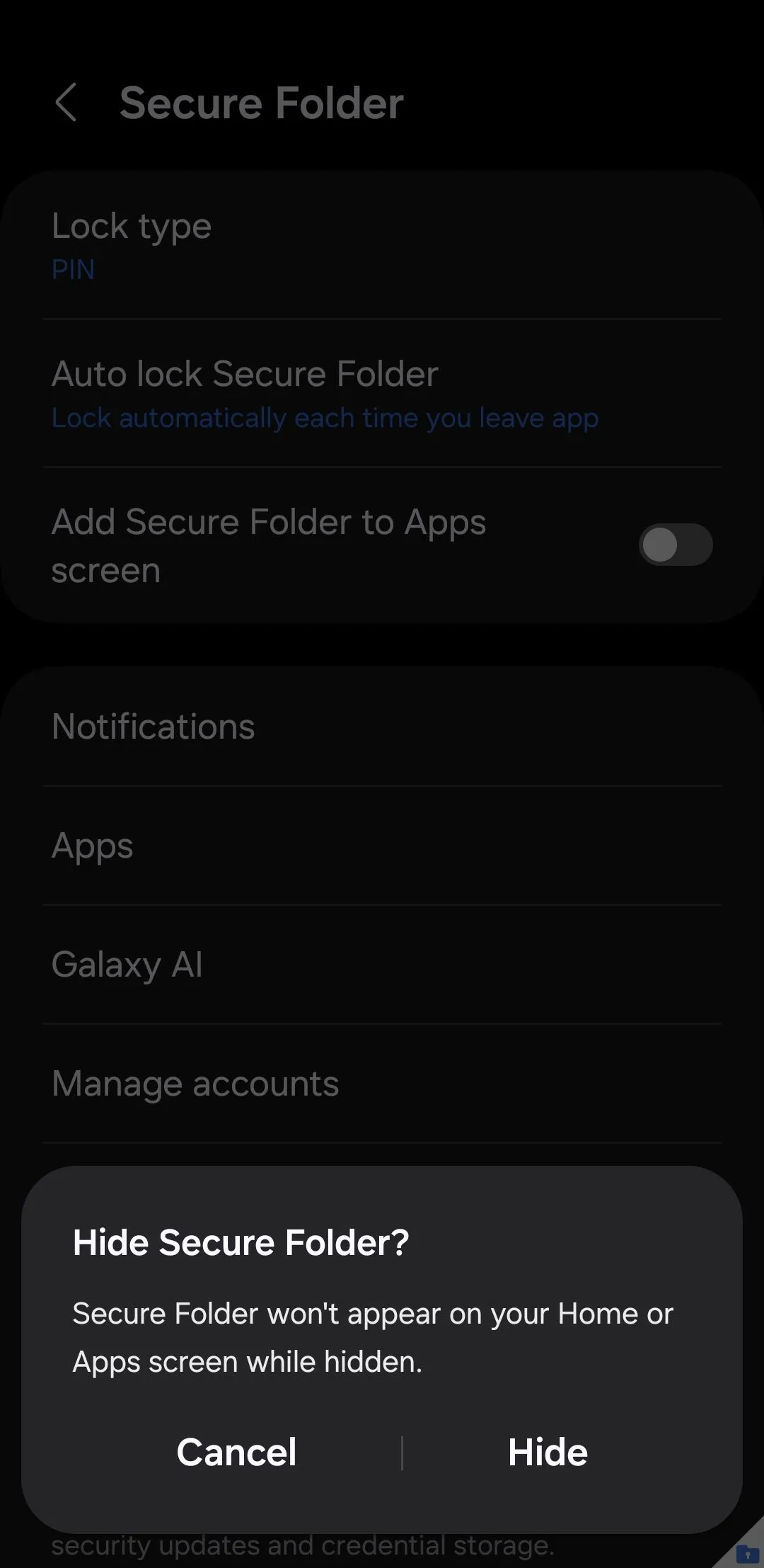 Thông báo xác nhận ẩn biểu tượng Secure Folder khỏi màn hình ứng dụng trên điện thoại Samsung, giúp tăng cường quyền riêng tư.