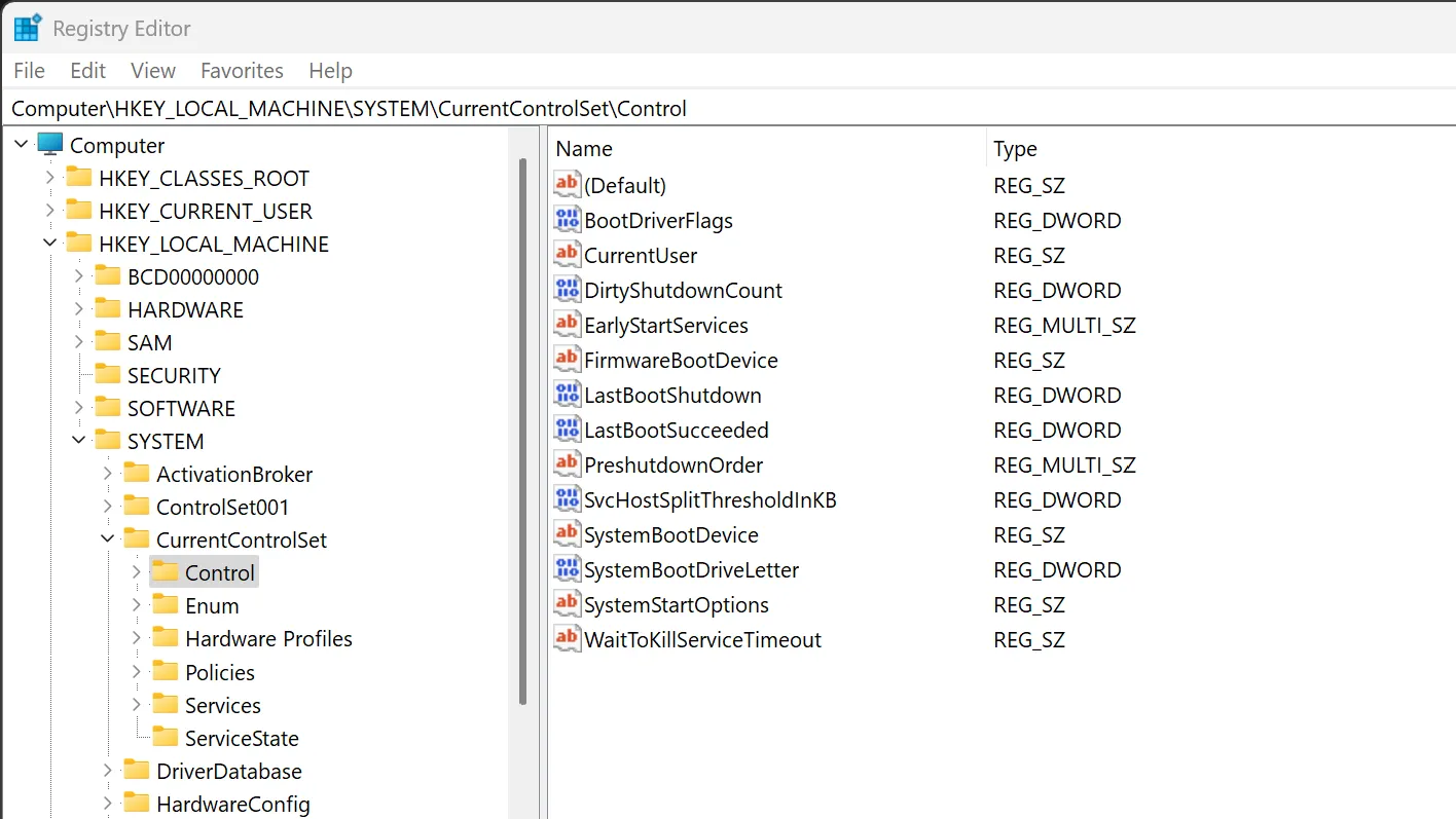 Thông số điều khiển trong trình chỉnh sửa Registry Windows.