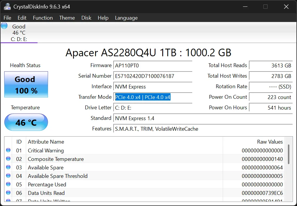 Thông tin PCIe của ổ SSD NVMe được làm nổi bật trong CrystalDiskInfo.