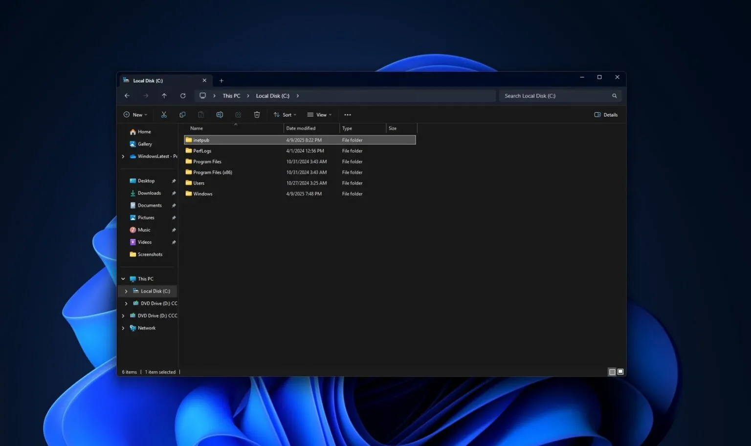 Thư mục inetpub trống rỗng xuất hiện trên ổ C của Windows 11 sau khi cập nhật hệ thống.
