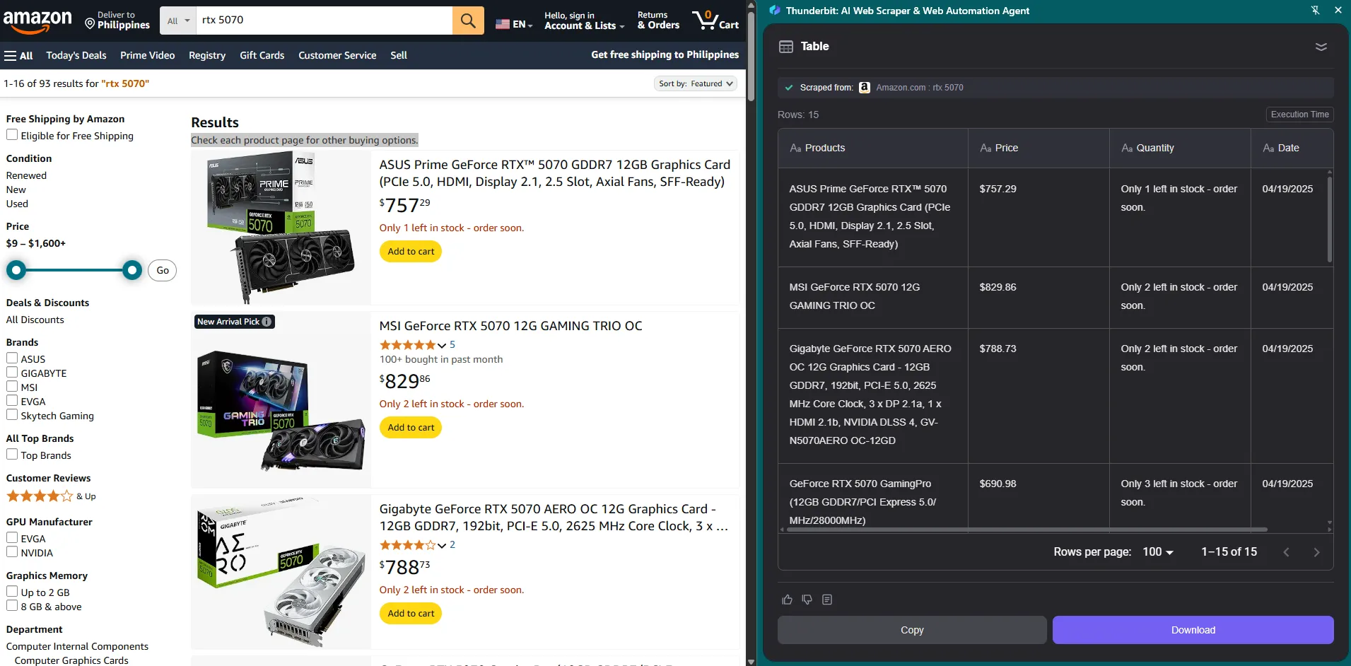 Thu thập dữ liệu sản phẩm từ Amazon bằng Thunderbit, công cụ web scraping AI hiệu quả.