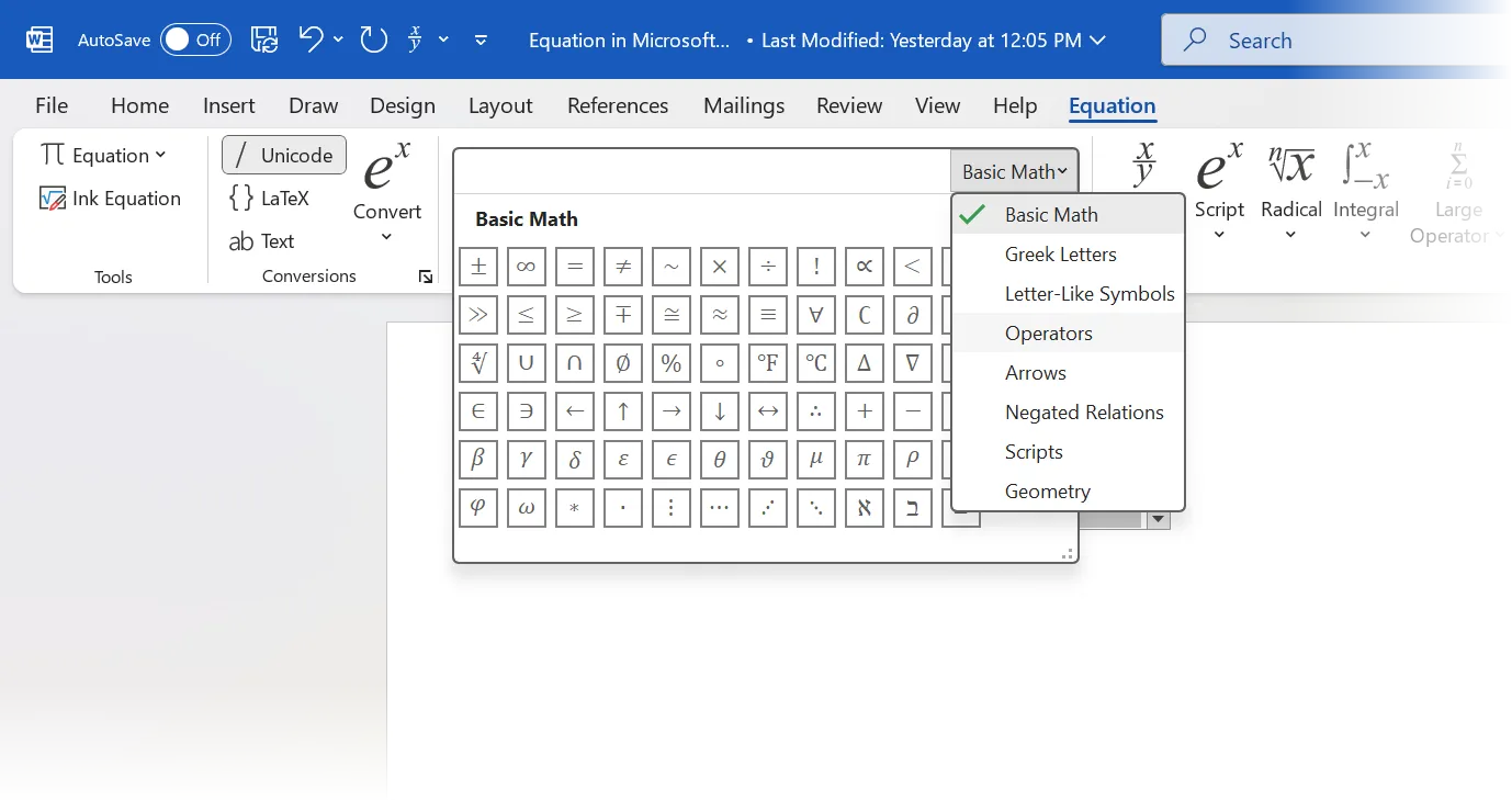 Thư viện các ký hiệu toán học trong nhóm Symbols của Word Equation Editor, cho phép người dùng chèn các biểu tượng đa dạng.