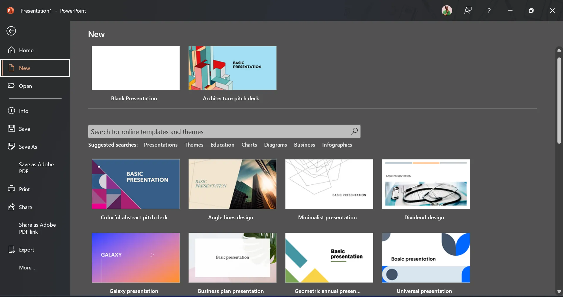 Thư viện mẫu thuyết trình khổng lồ của PowerPoint trên giao diện desktop với rất nhiều lựa chọn.