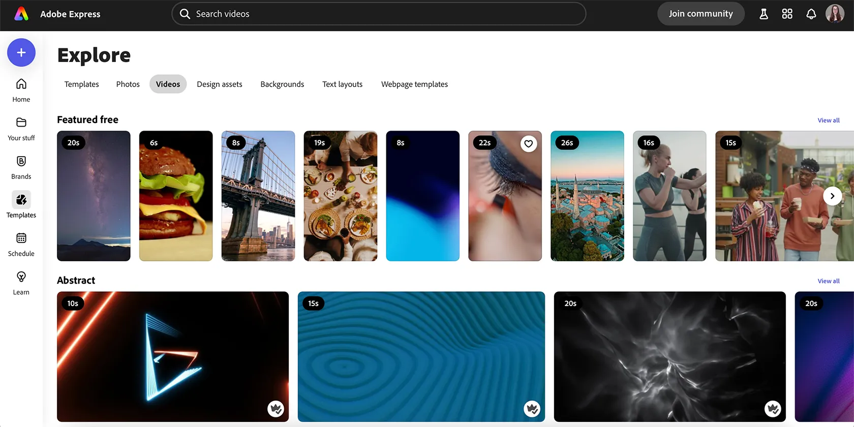 Thư viện tài sản video stock chất lượng cao có sẵn trong Adobe Express, giúp người dùng dễ dàng tìm kiếm và sử dụng.