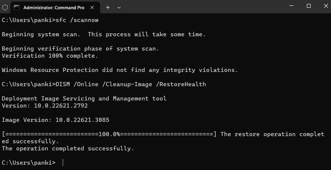 Thực thi lệnh sfc /scannow trong Windows Terminal để quét tệp hệ thống bị lỗi.