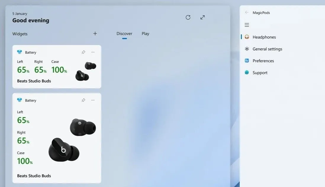 Tiện ích MagicPods trong bảng widget Windows 11 hiển thị phần trăm pin tai nghe Bluetooth