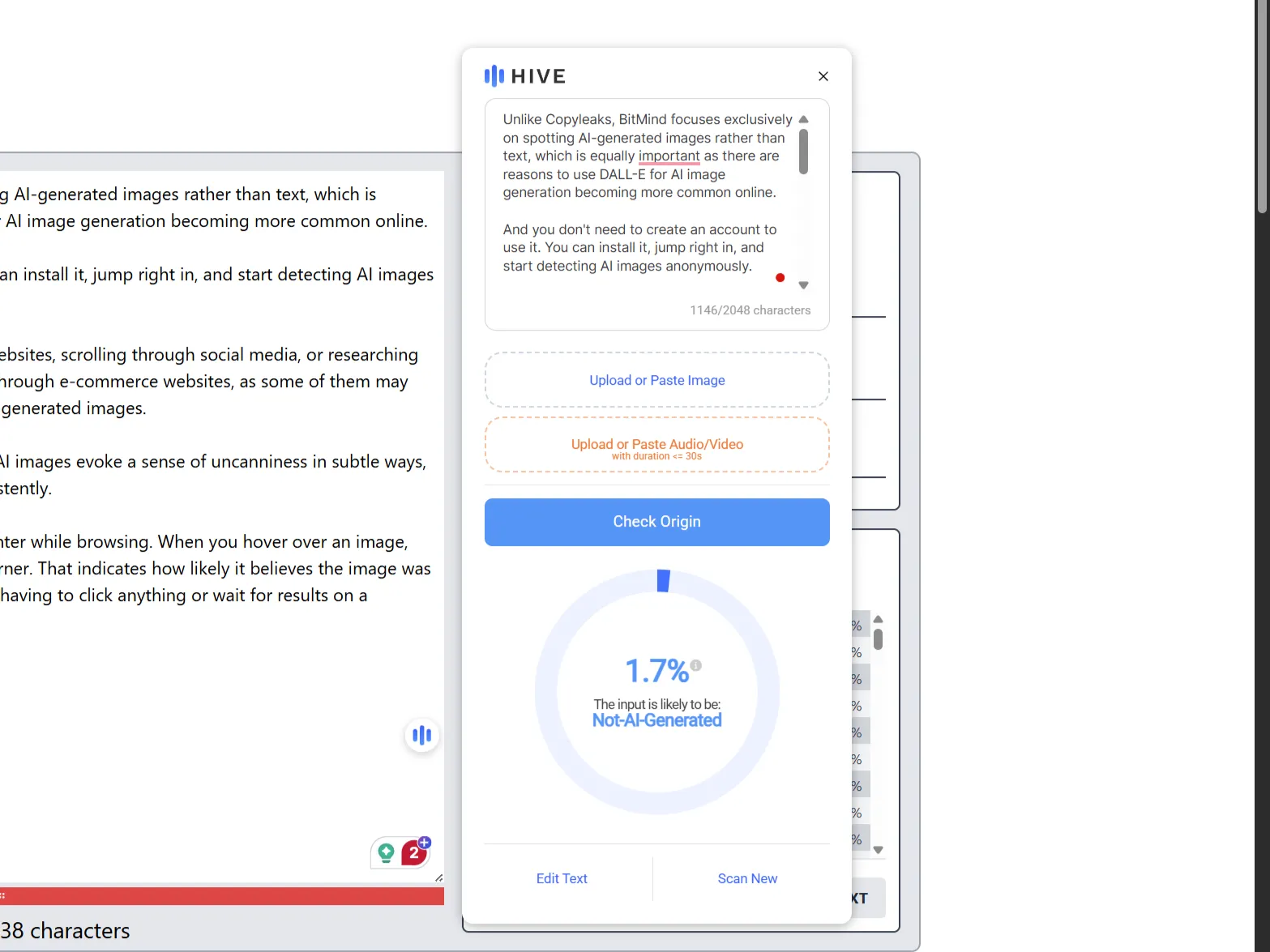 Tiện ích mở rộng Hive AI Chrome xác nhận nội dung được viết bởi con người trên thanh bên