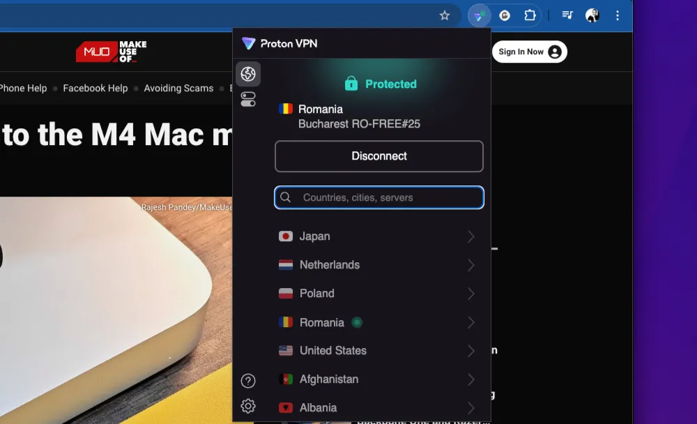 Tiện ích mở rộng ProtonVPN trên Chrome đang kết nối, minh họa sự phụ thuộc vào nhà cung cấp VPN cho quyền riêng tư trực tuyến.