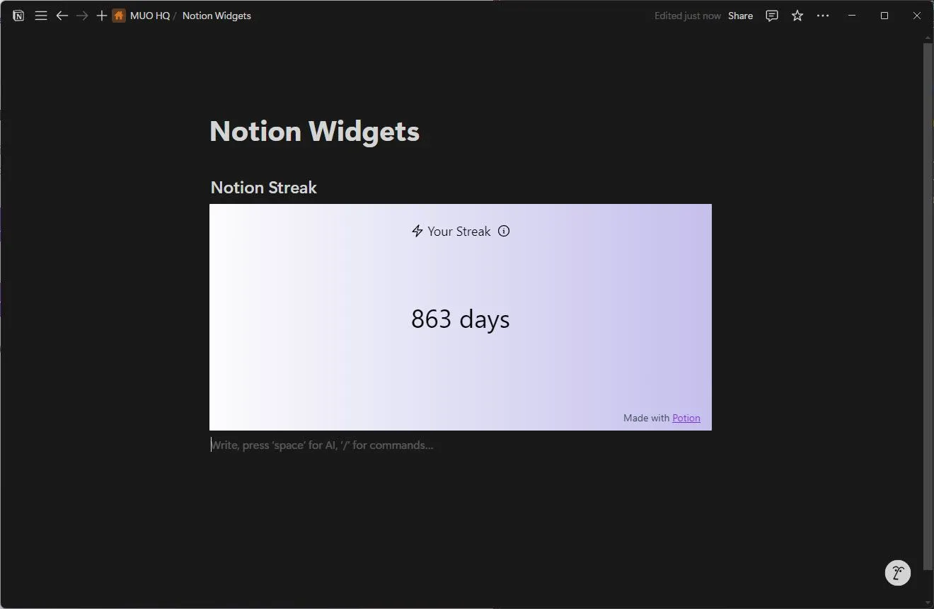 Tiện ích Notion Streak hiển thị chuỗi ngày làm việc liên tục trong Notion